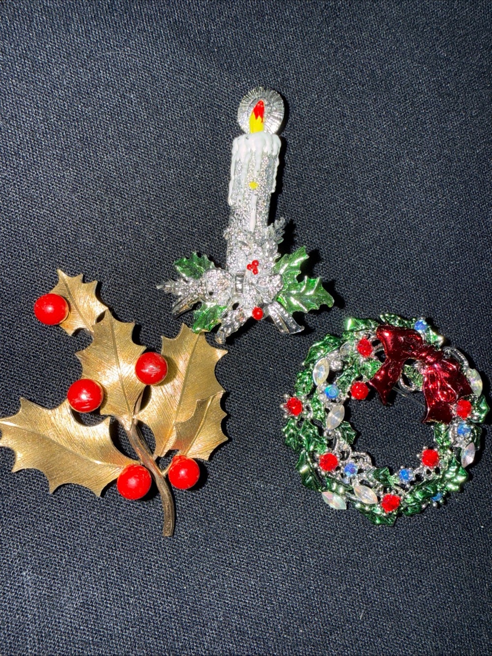 Holiday Brooch Trio - Candle, Holly Sprig & Wreath - Red, Green, Gold